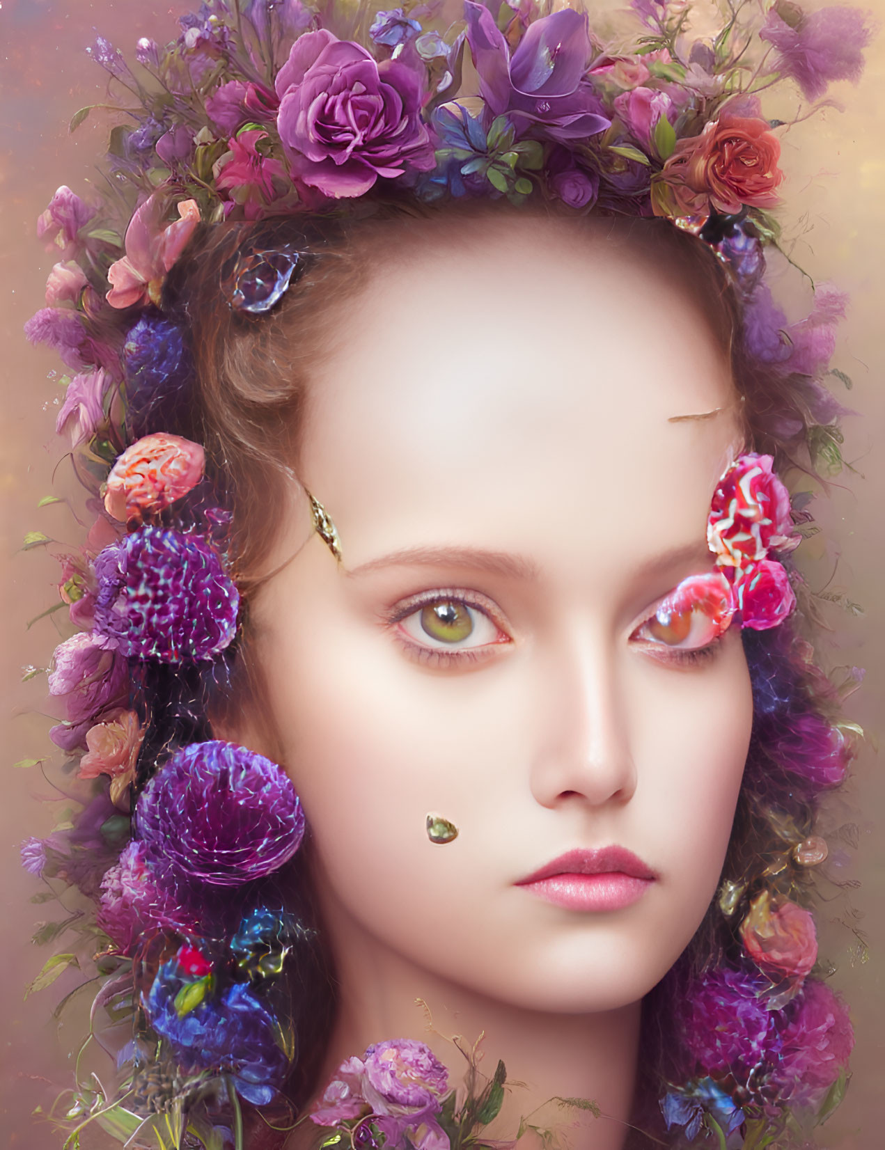 Portrait of young woman with purple and pink floral crown and ethereal glow