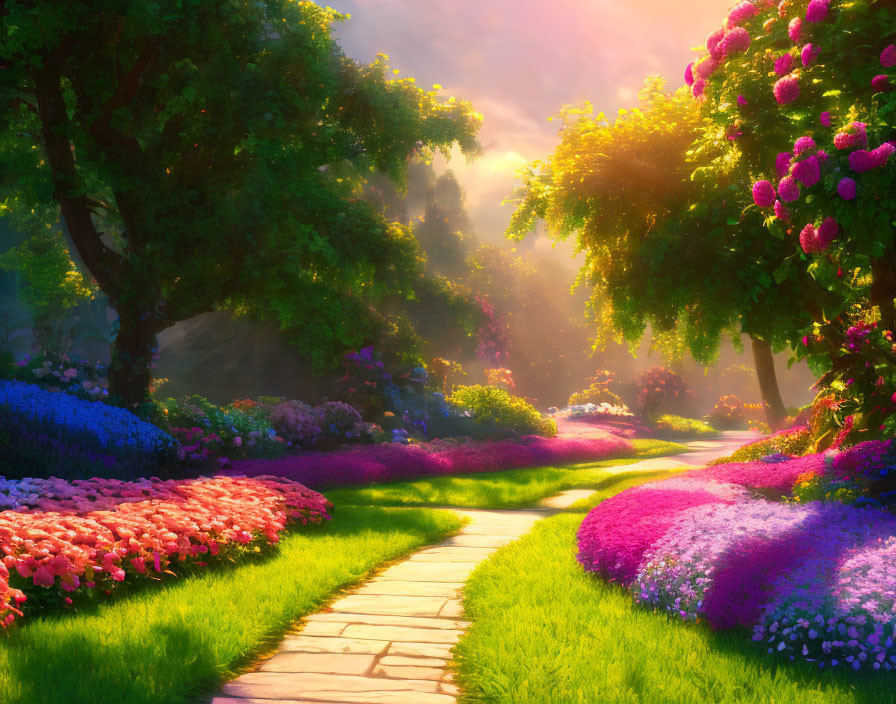 Lush garden pathway with colorful flowers and trees in golden sunlight