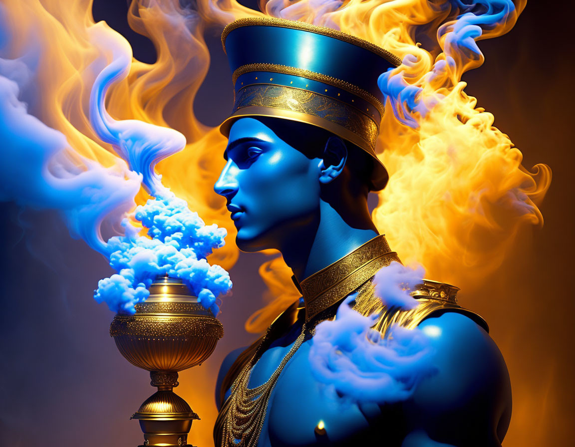 Blue-skinned person in Egyptian headdress with gold accessories engulfed in flames