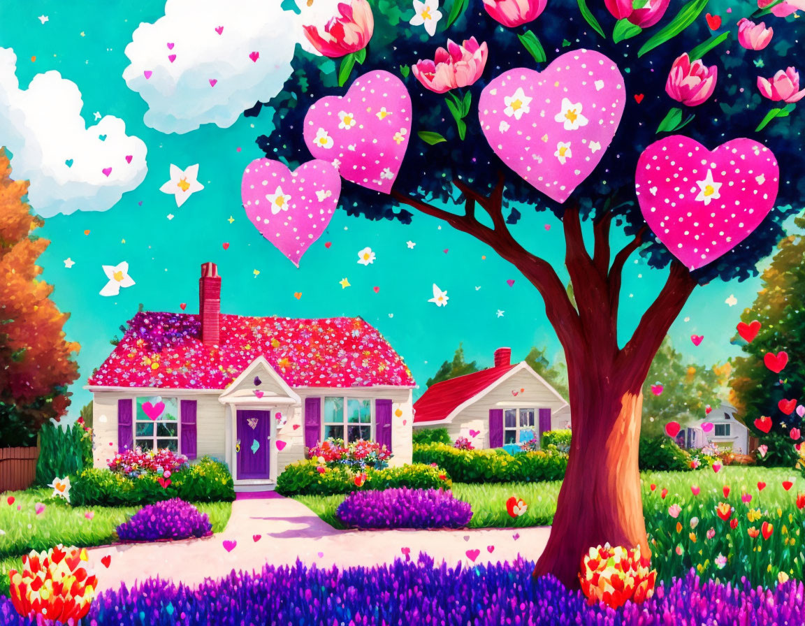 Colorful suburban home with pink roof, surrounded by flowers, whimsical tree, and magical stars