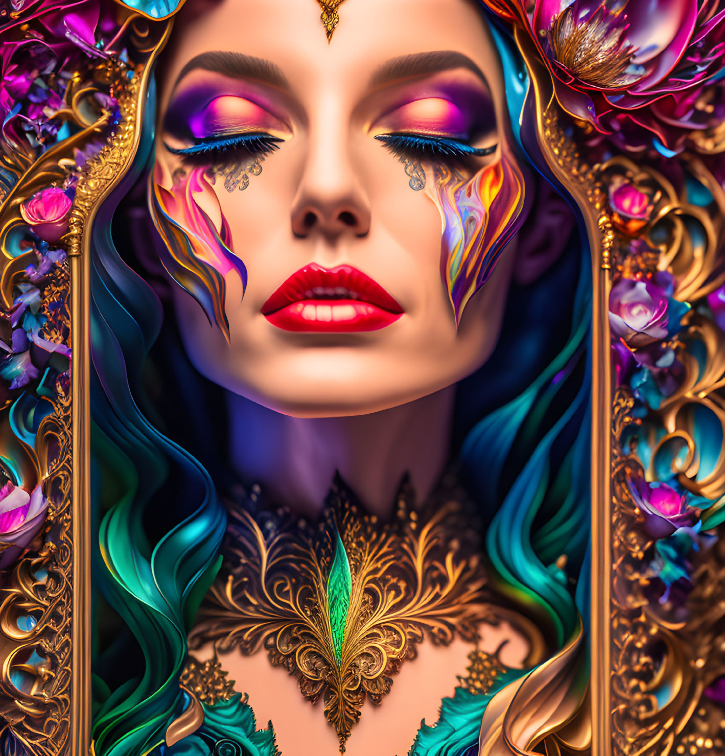 Colorful portrait of a woman with vibrant makeup and ornate floral framing