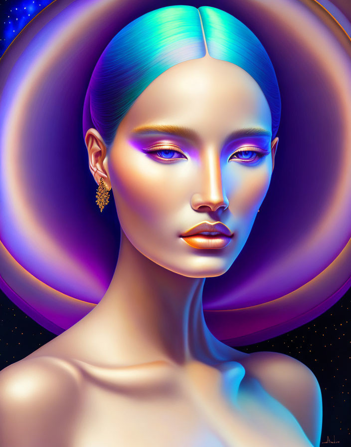 Vibrant digital artwork: Woman with turquoise hair and cosmic background