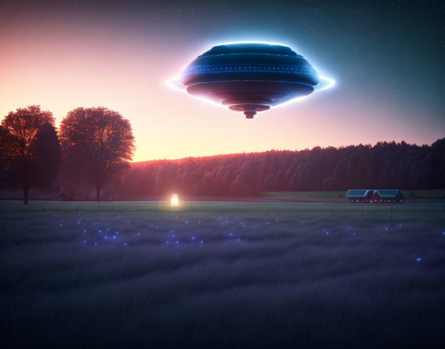 Unidentified Flying Object over field at twilight with trees and lights.