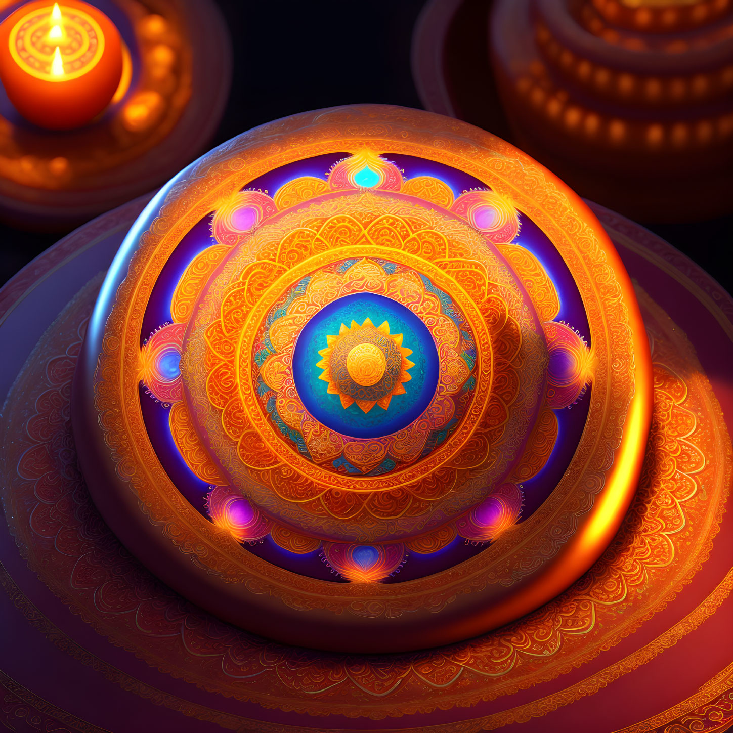 Colorful Mandala with Glowing Elements and Lit Candles