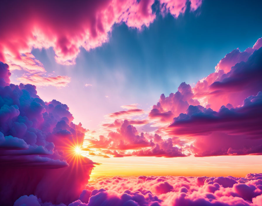 Colorful sunset with pink to purple clouds and golden sunlight casting dramatic shadows.