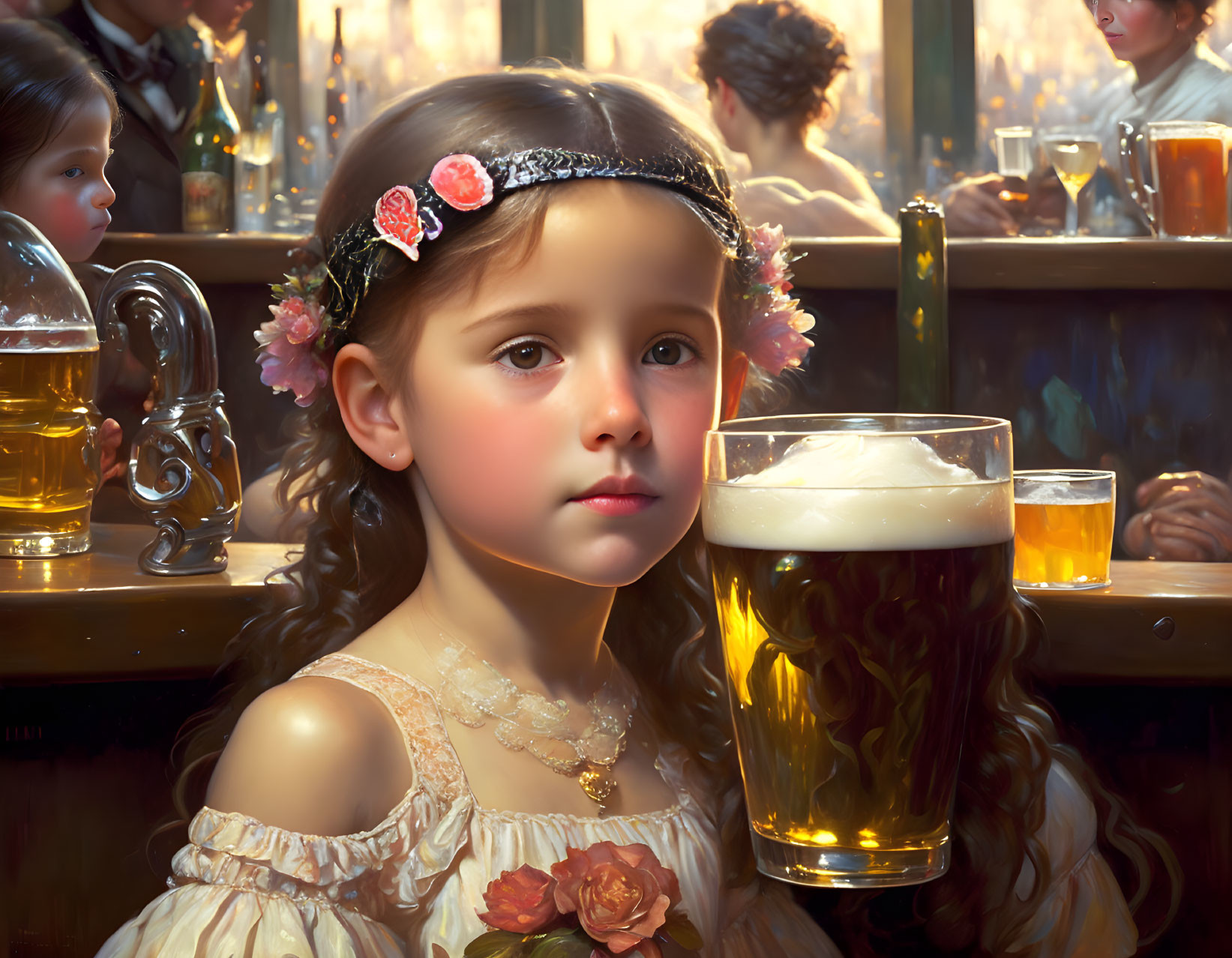 Young girl in floral headband beside beer glass in tavern ambiance