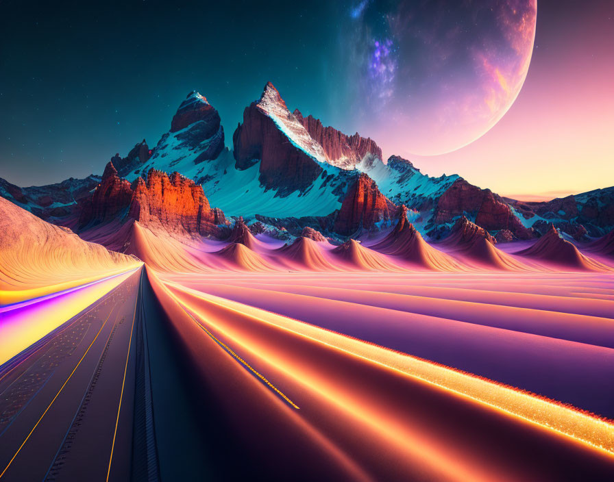 Surreal landscape with road, mountains, starry sky, and glowing sand dunes