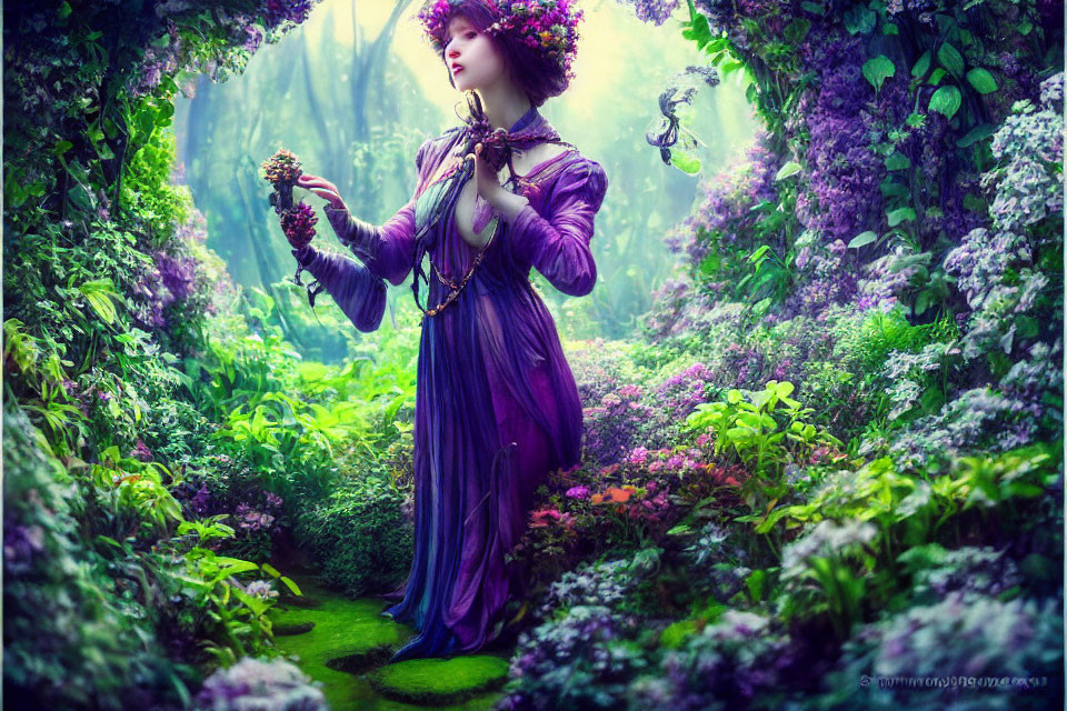 Woman in Purple Gown Surrounded by Lush Forest and Flowers