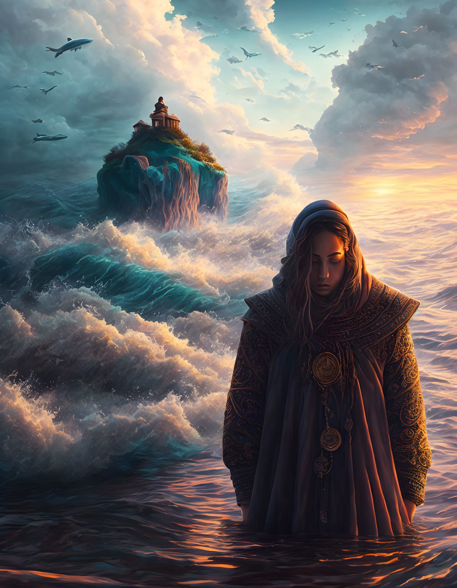 Person in detailed cloak standing in turbulent water at sunset with cliff and lighthouse.