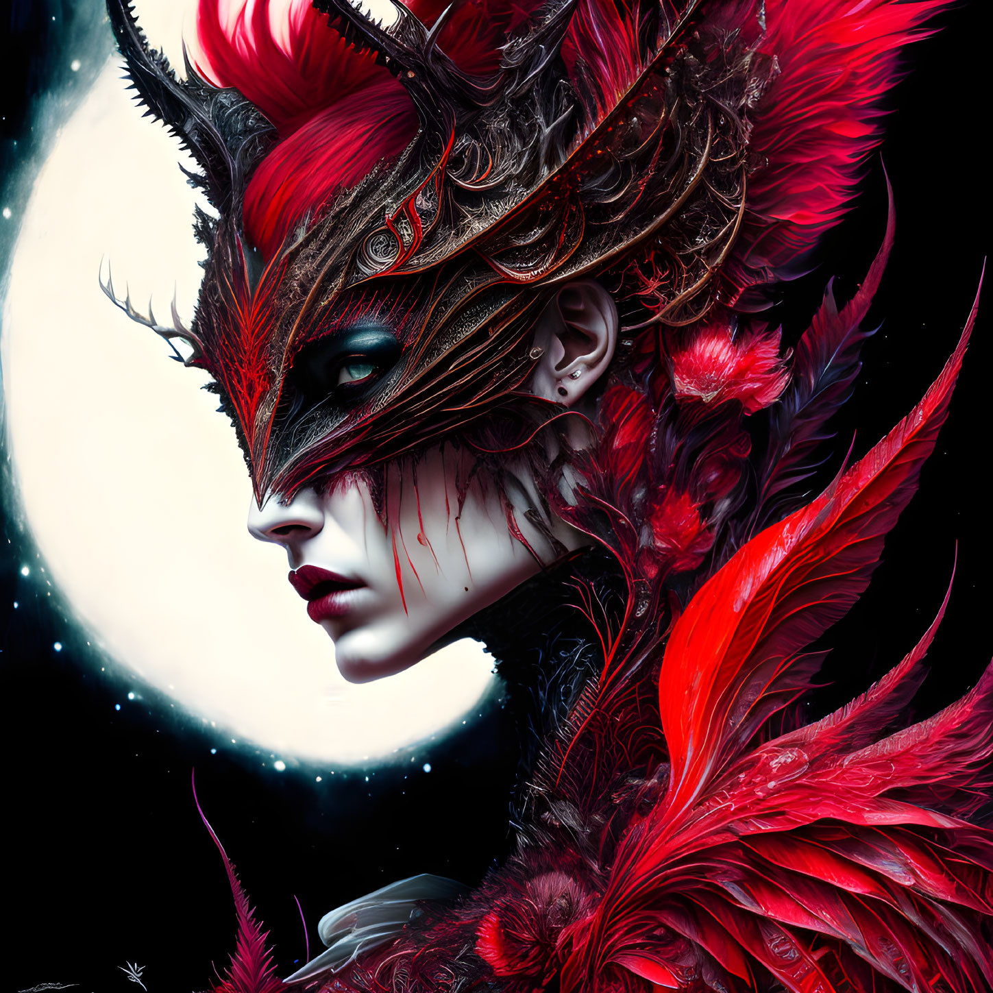 Person in red and black feathered attire with mask headdress under full moon.