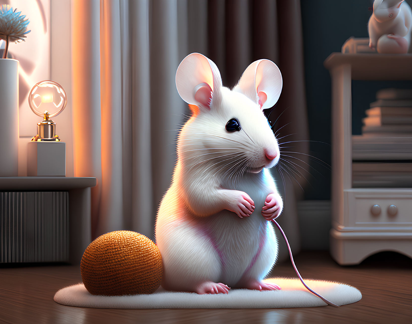 Adorable 3D-rendered mouse with large ears in cozy room setting