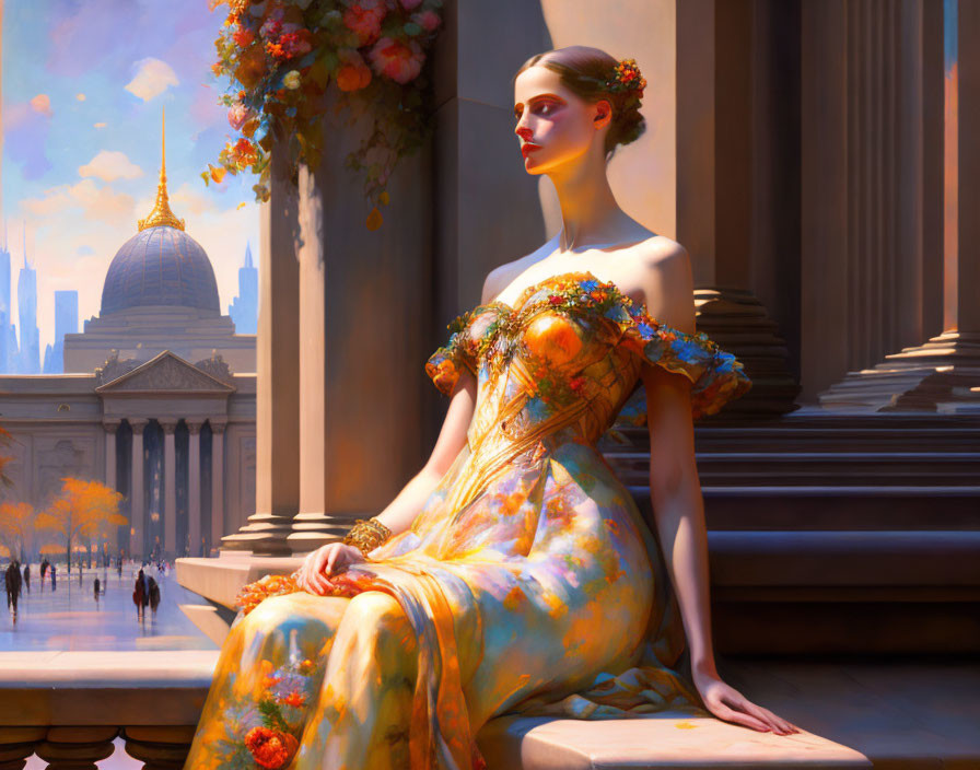 Woman in Vibrant Floral Dress on Grand Steps with Building and Cityscape