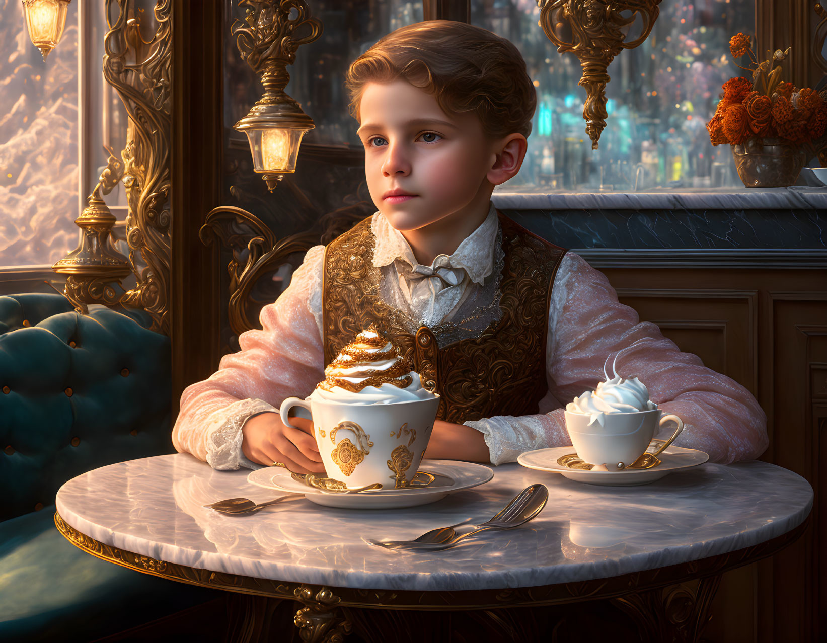 Young boy in elegant attire enjoying hot chocolate in ornate room