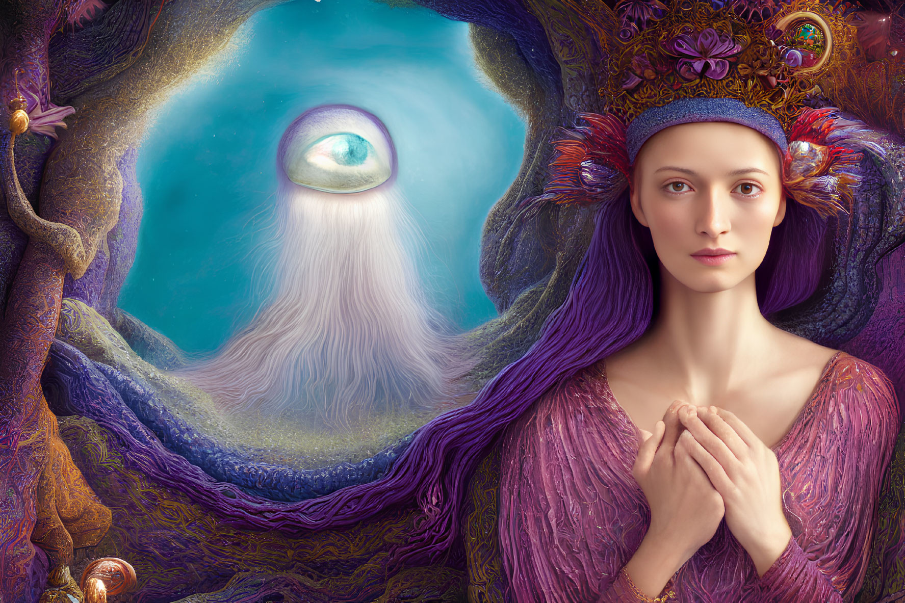 Woman in purple dress with decorative headpiece in front of surreal background.