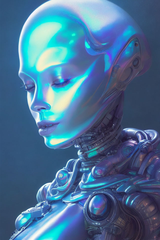 Futuristic humanoid android with blue luminous skin on blue backdrop