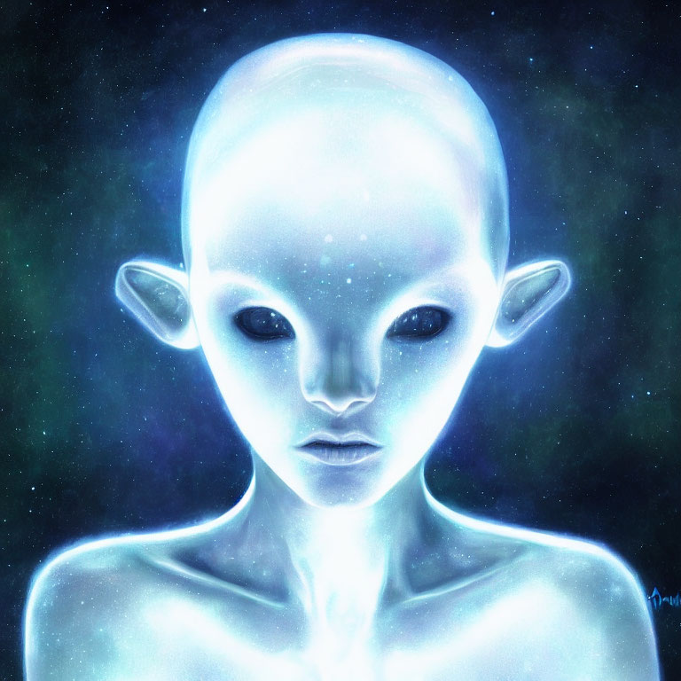 Blue-Toned Alien with Large Eyes and Cosmic Background