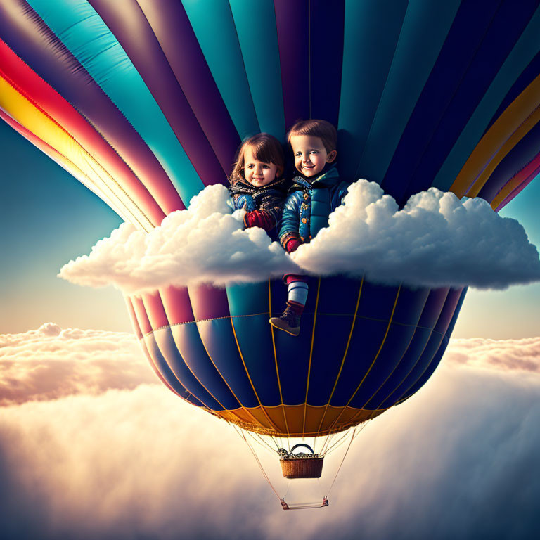 Children sit on hot air balloon basket above clouds at sunset