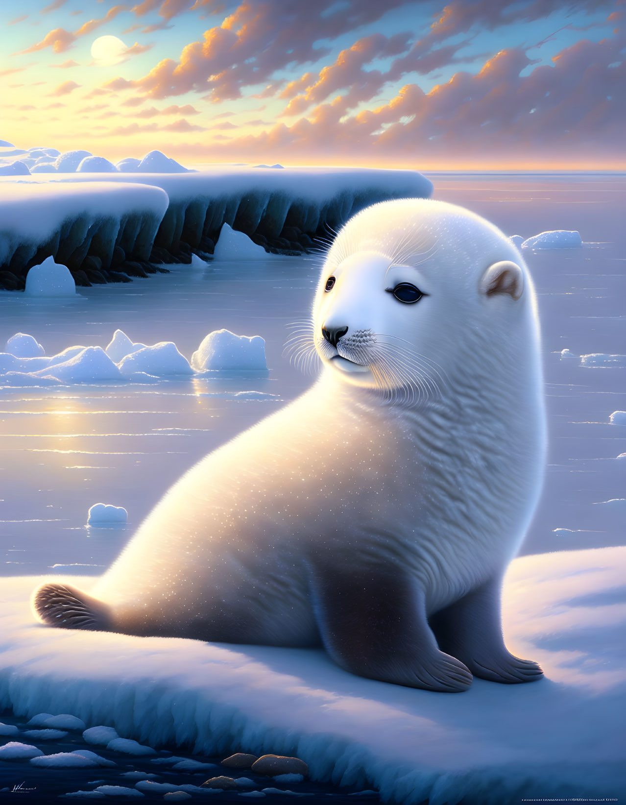 White Baby Seal Resting on Snow-Covered Iceberg at Sunset