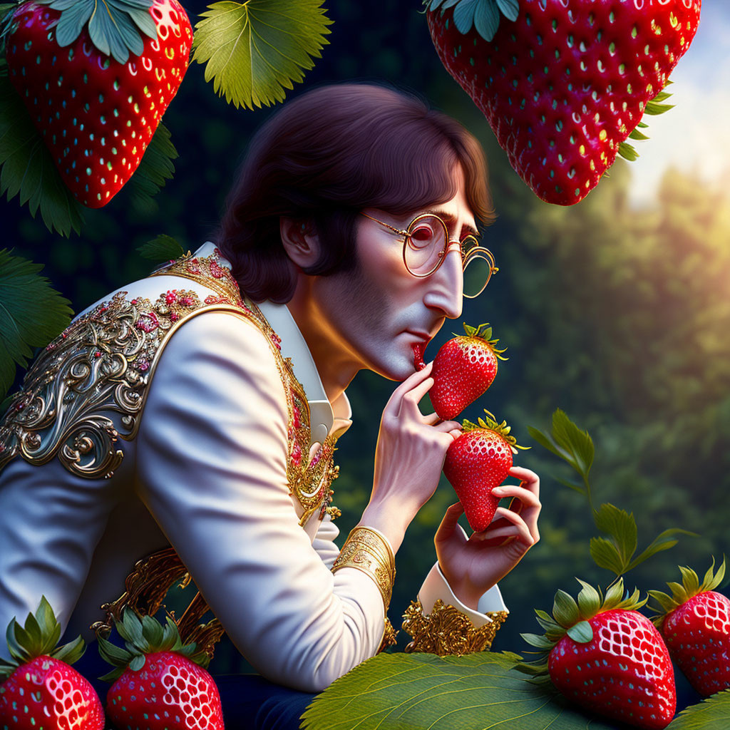 Vintage Attire Person Surrounded by Large Strawberries