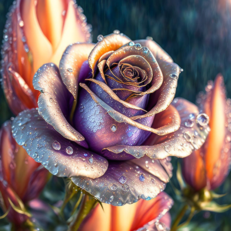 Multicolored rose with dewdrops on petals against blurred floral background