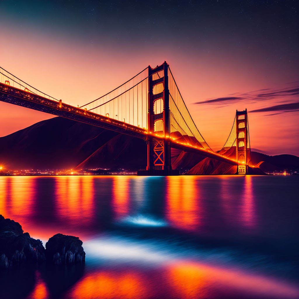 Twilight view of Golden Gate Bridge with orange lights, starry sky, and reflective water