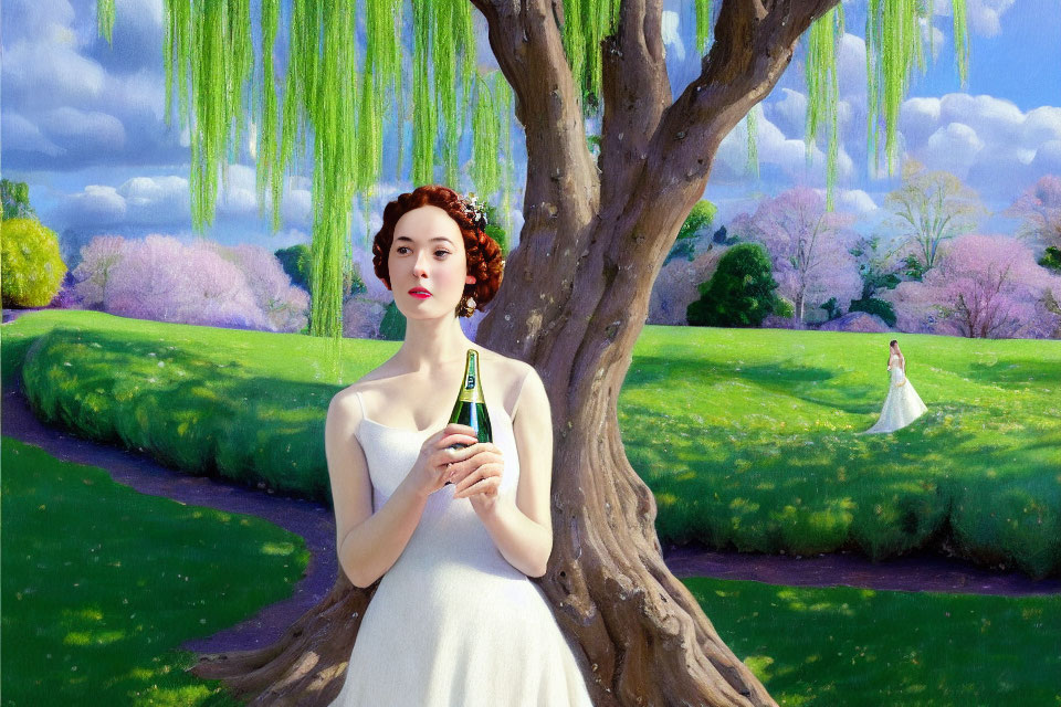 Woman in white dress under willow tree in vibrant garden with champagne bottle