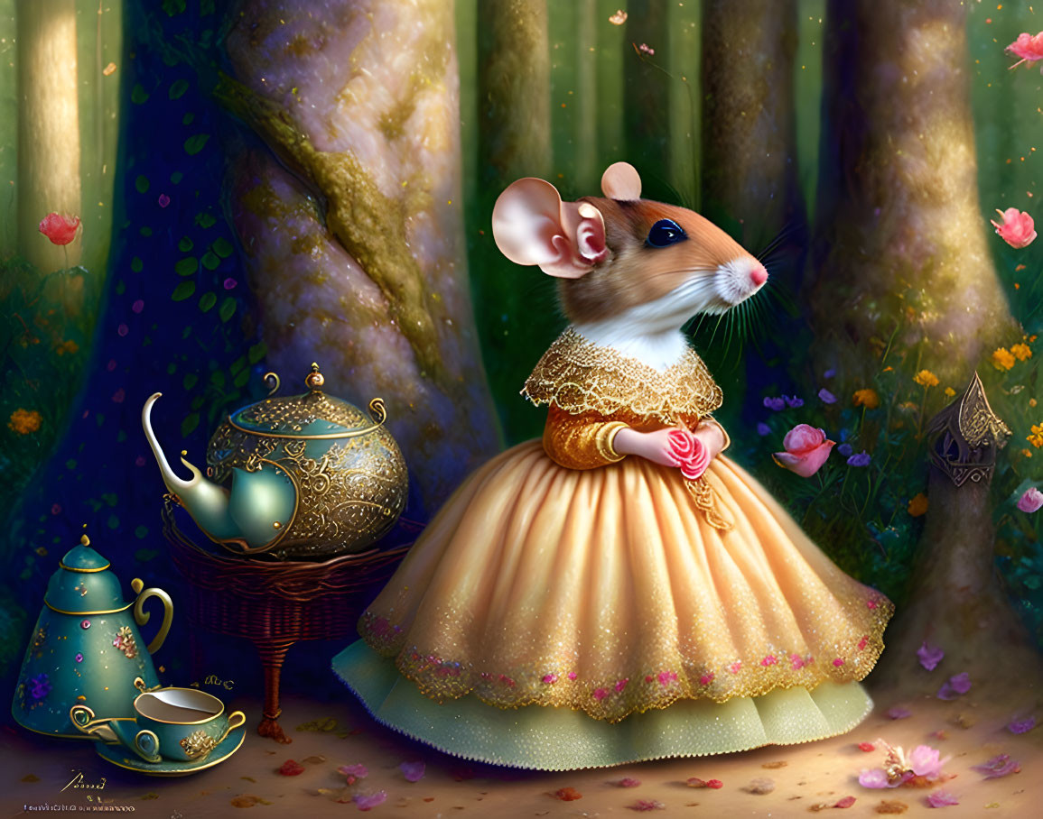 Anthropomorphic Mouse in Fancy Dress with Rose in Whimsical Forest Scene