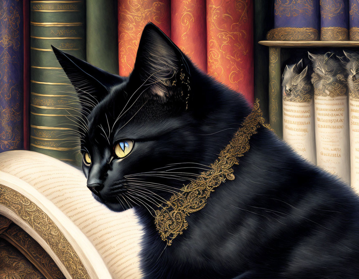 Black Cat with Yellow Eyes and Golden Collar Next to Open Book on Colorful Book Spines