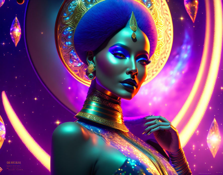 Digital Art: Female Figure with Purple Skin and Golden Jewelry in Cosmic Mandala Setting