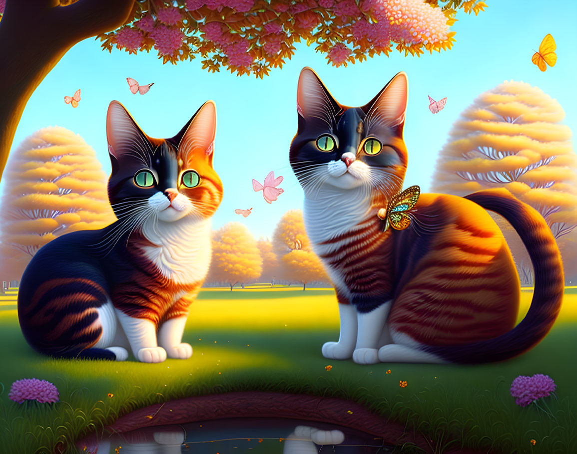 Colorful Cats with Oversized Eyes in Autumnal Landscape with Butterflies