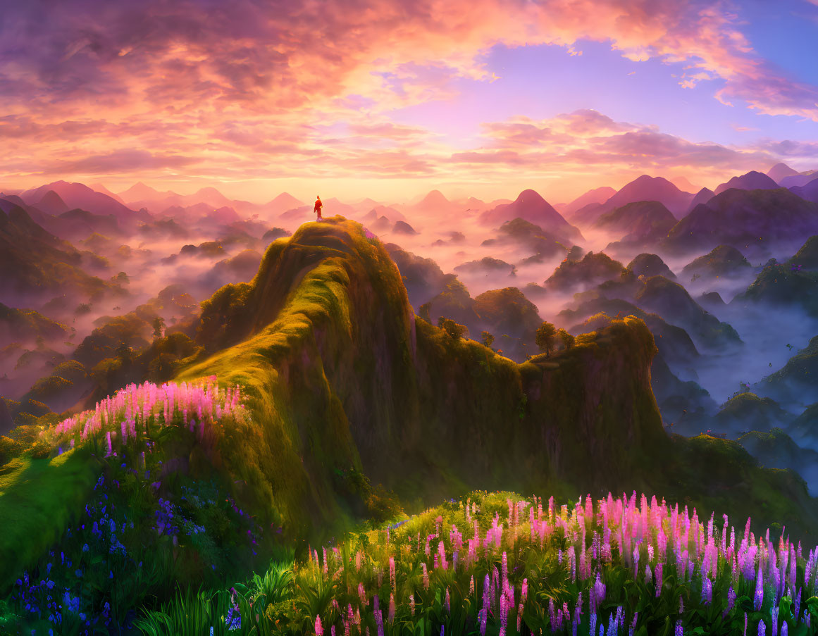 Person standing on green hill with pink flowers, overlooking misty valley at sunrise