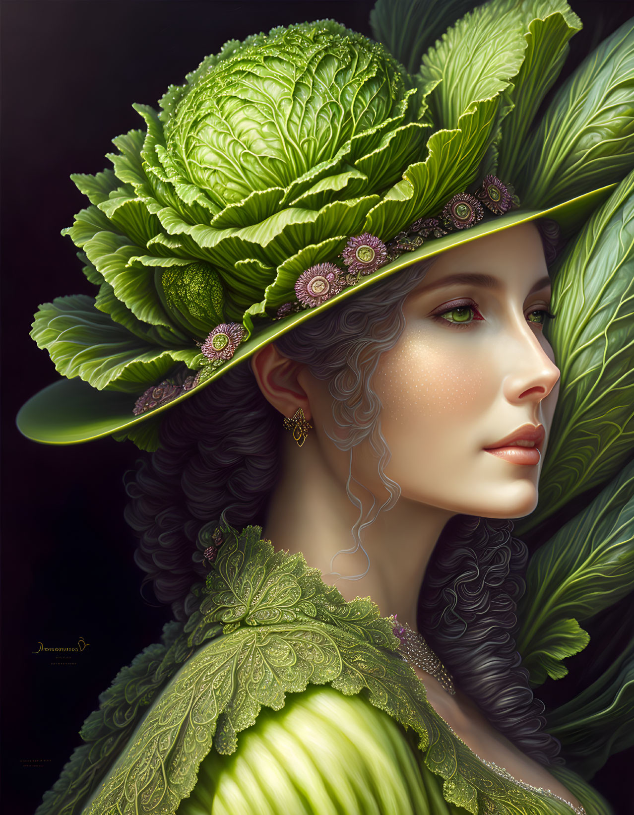 Woman in Cabbage Leaf Hat and Dress: Detailed and Serene Portrait