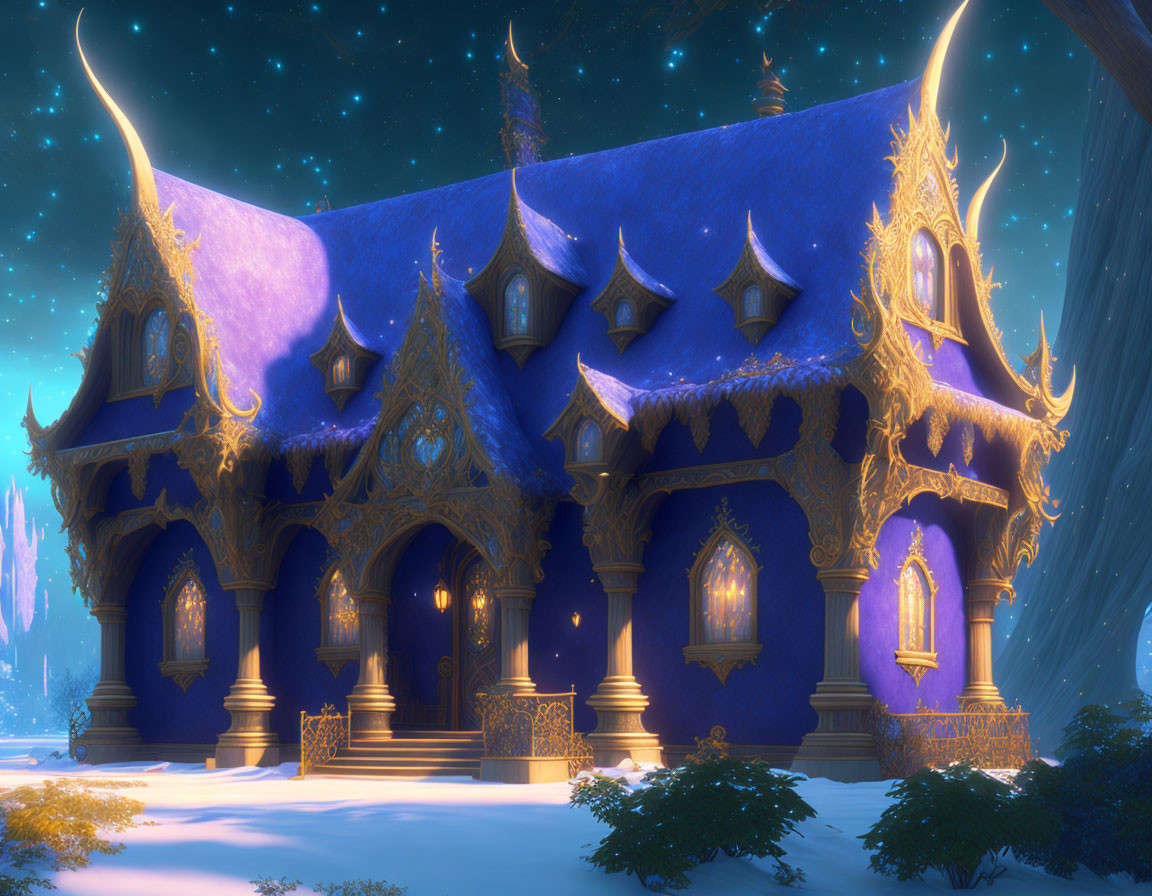 Blue and Gold Fantasy Cottage in Snowy Landscape