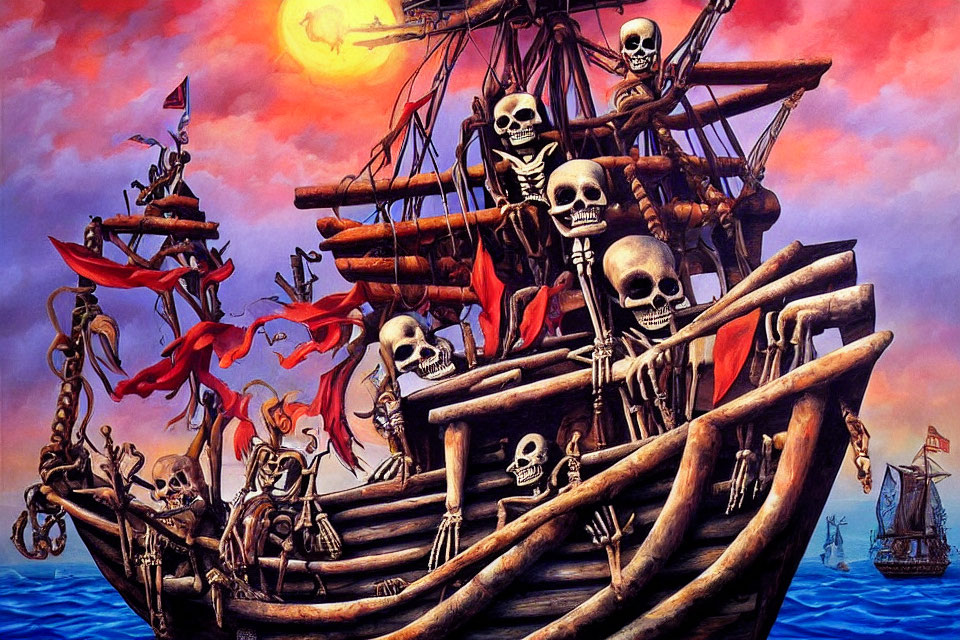 Skeleton Crew on Pirate Ship under Fiery Sunset Sky: Haunted Maritime Theme