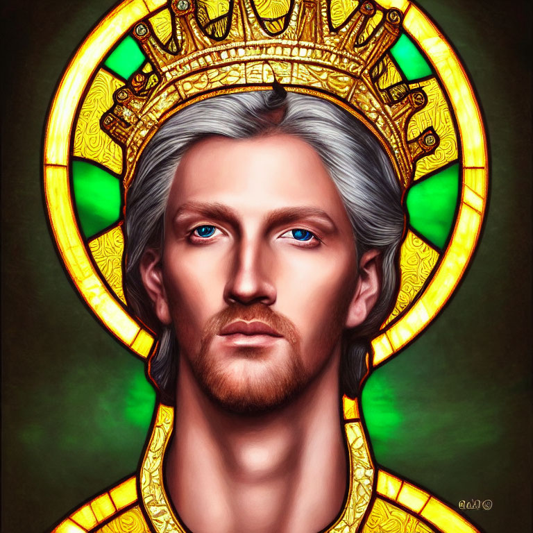 Regal man with golden crown on stained glass background