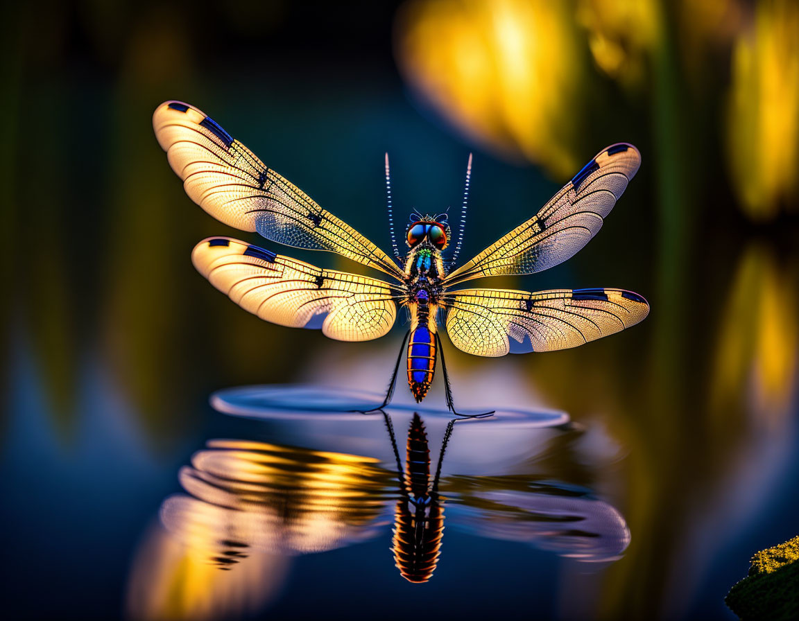 Intricate wing patterns on dragonfly above water with golden backdrop