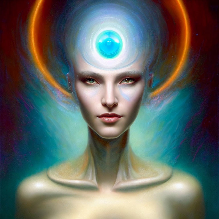 Surreal portrait of humanoid with glowing blue third eye and halo aura on colorful nebulous background