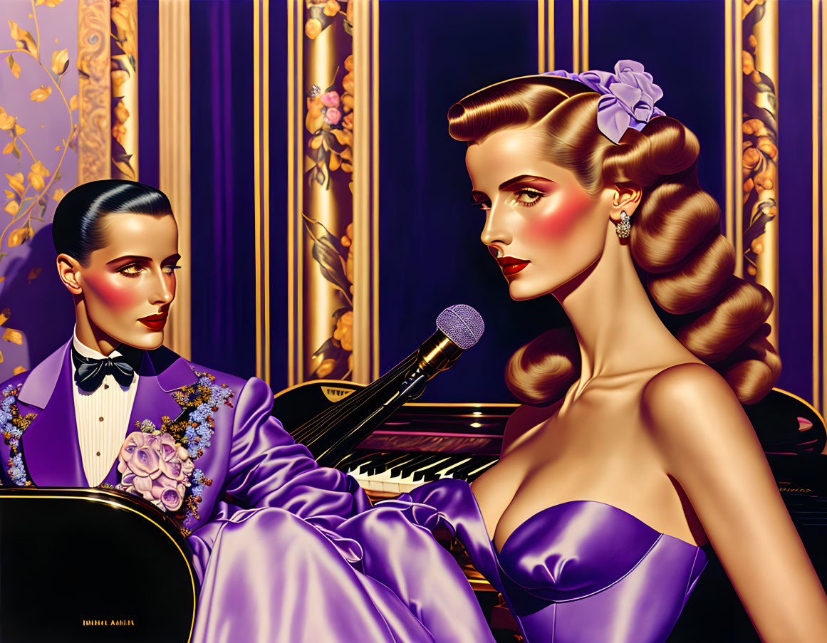 Vintage-style illustration of elegant woman in purple dress singing with man in tuxedo playing piano