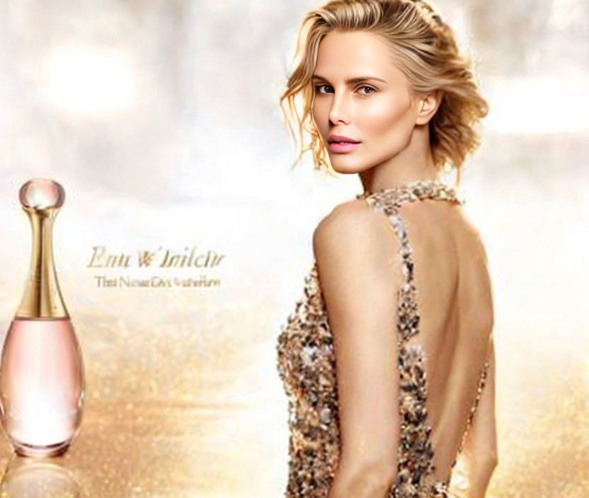 Blonde woman in sequined dress with perfume bottle on golden background