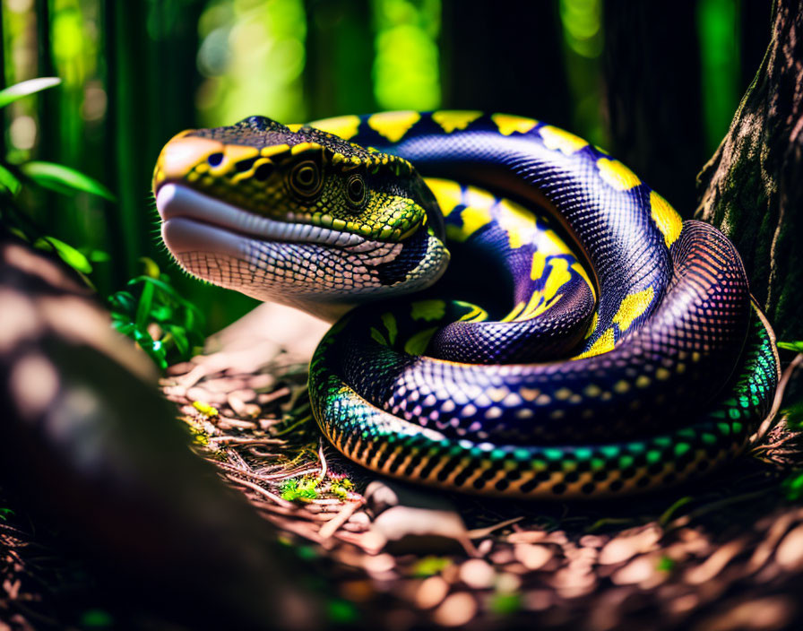 Colorful Snake with Yellow and Blue Patterns in Forest Underbrush