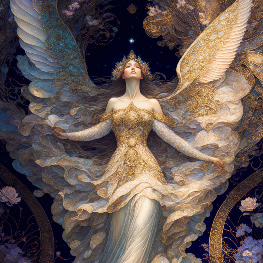 Ethereal figure with angelic wings in celestial setting