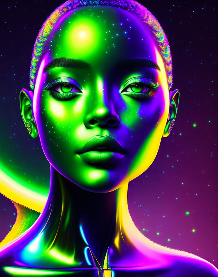 Colorful portrait of woman with neon skin in space-themed background