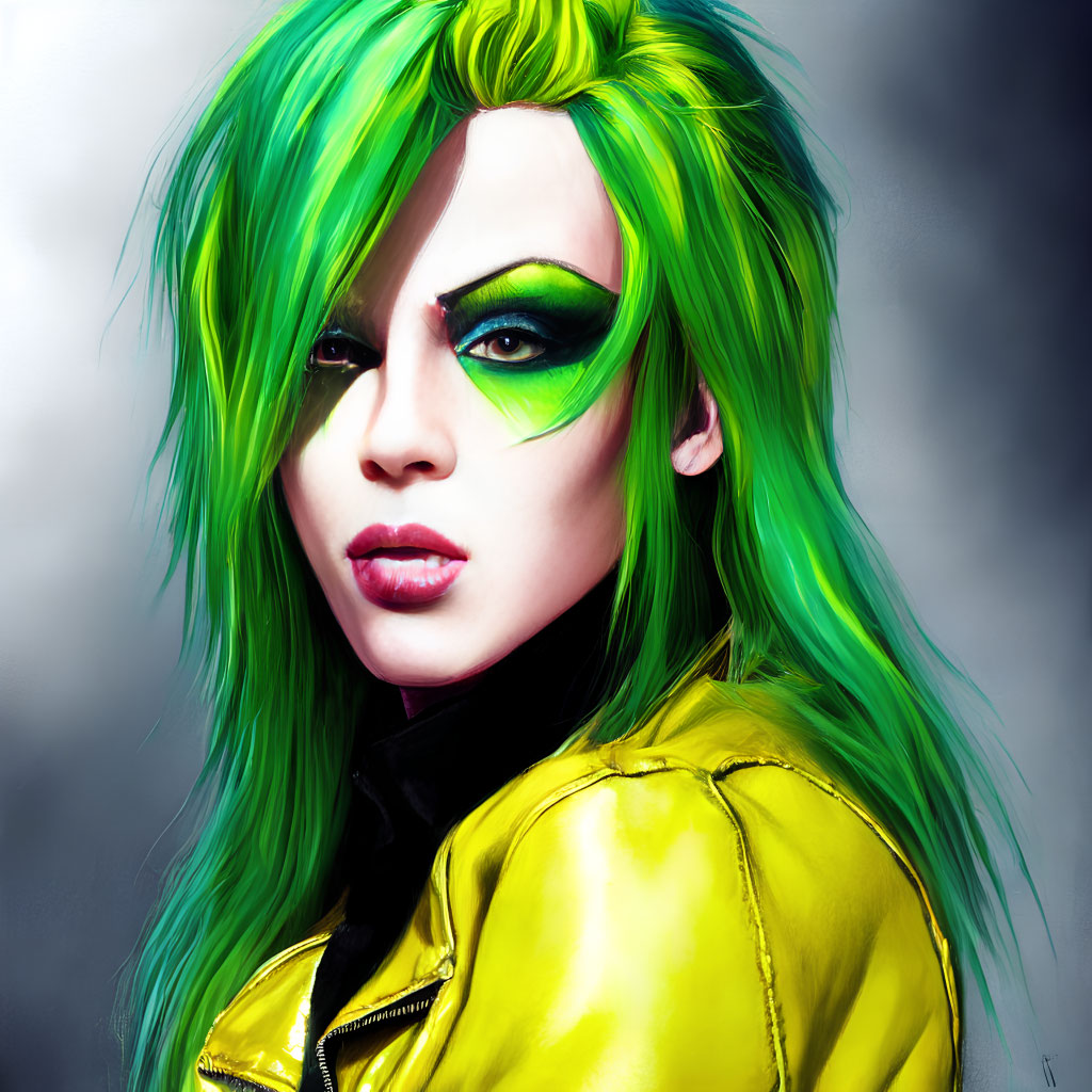 Colorful Portrait Featuring Green Hair, Green Eye Makeup, and Yellow Jacket