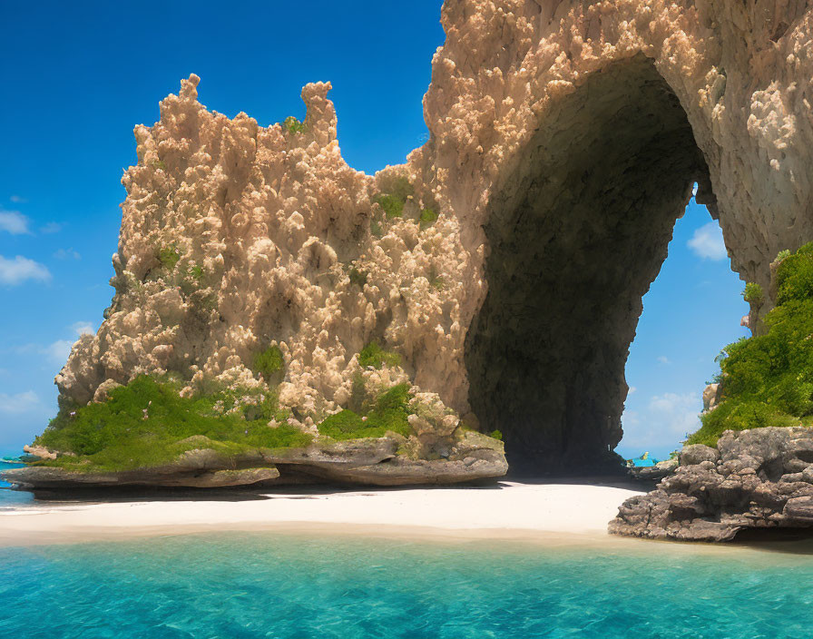 Majestic Rock Formation with Archway Overlooking Beach