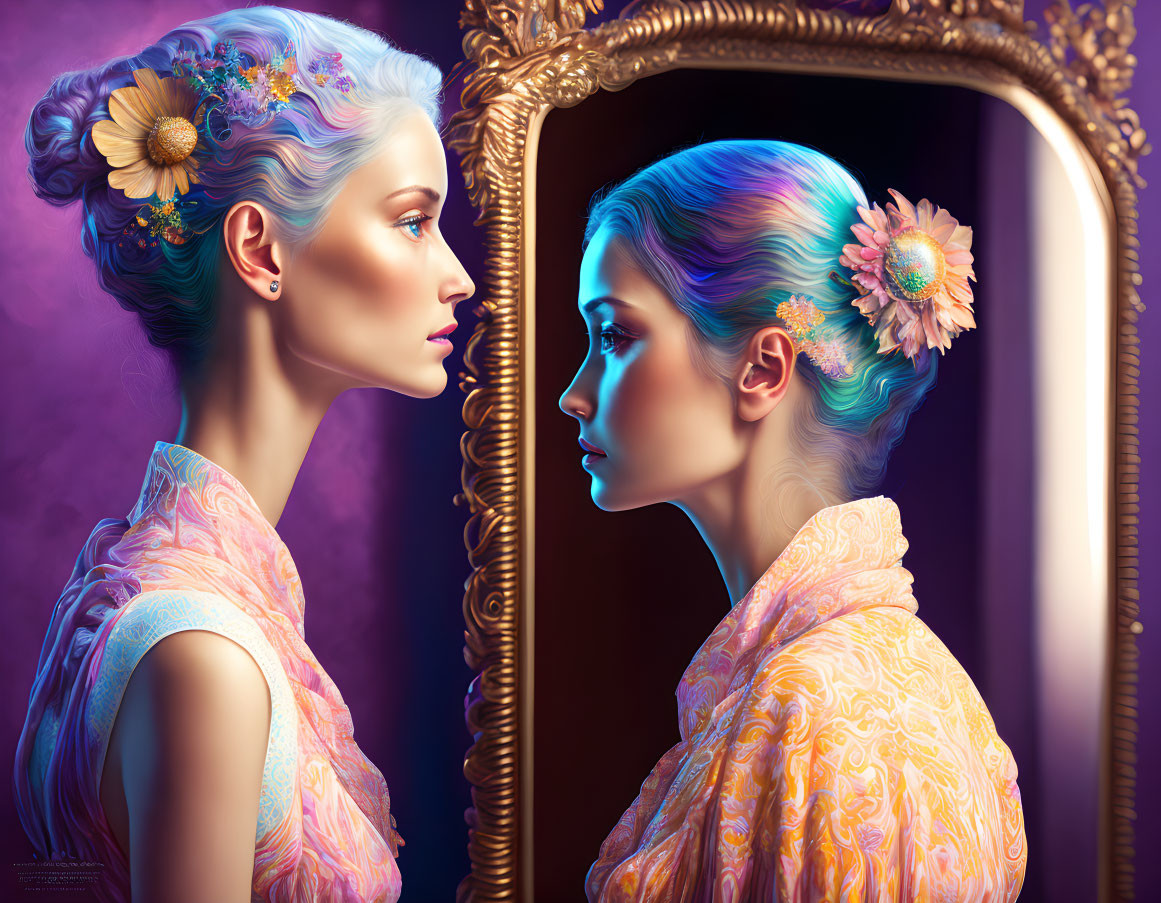 Colorful Pastel Hair Woman Reflecting in Ornate Mirror