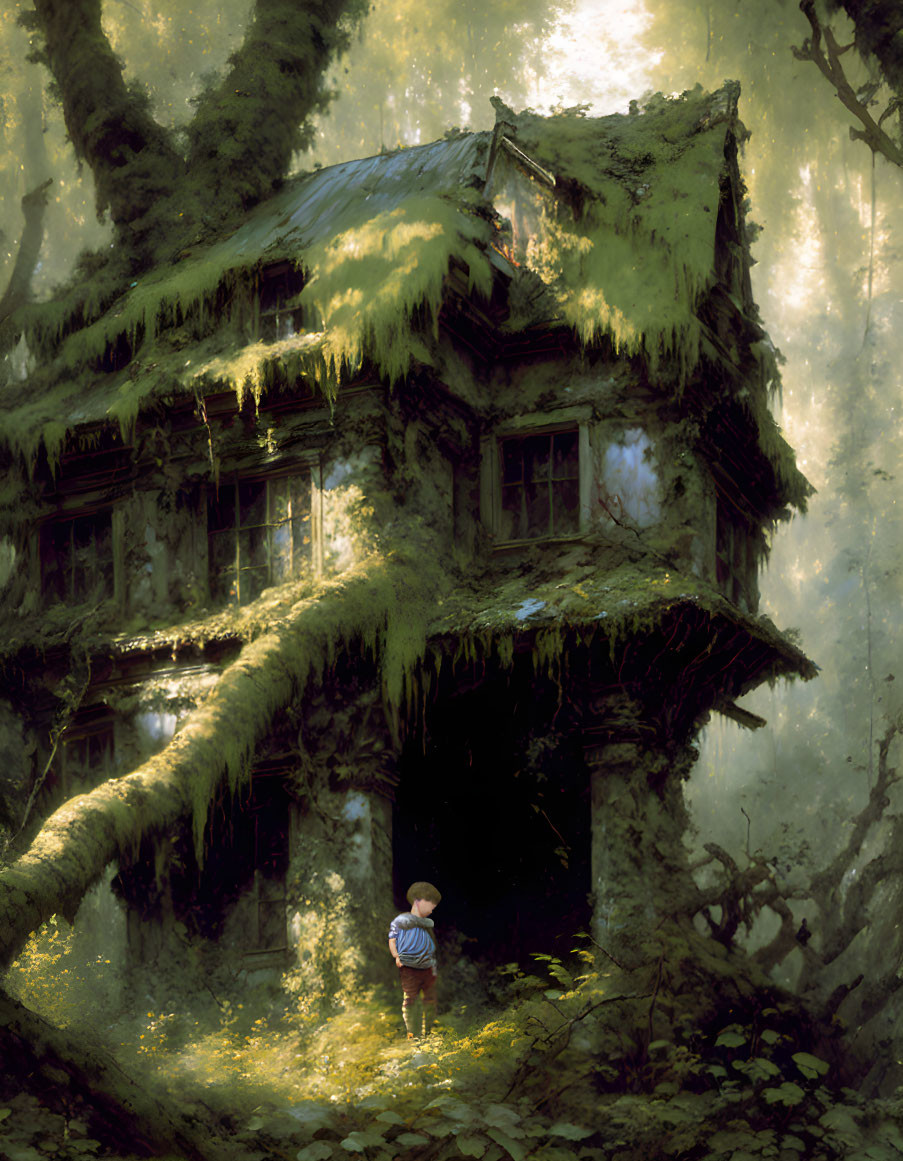 Moss-Covered House in Mystical Forest with Child