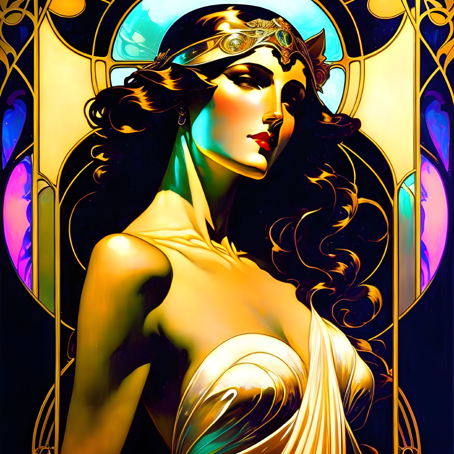 Illustration of woman in Art Nouveau style with flowing hair and tiara against vibrant stained glass backdrop