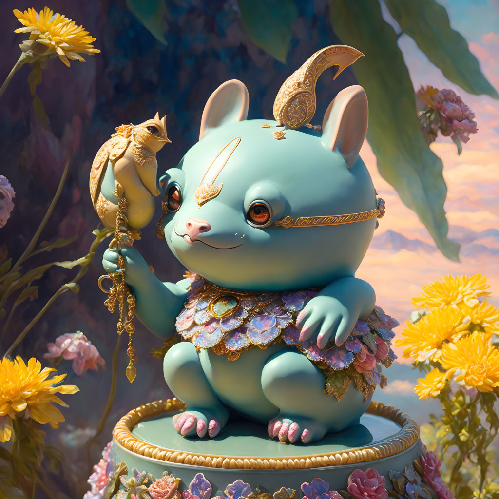 Blue and gold whimsical creature with large ears beside yellow flowers and smaller companion.