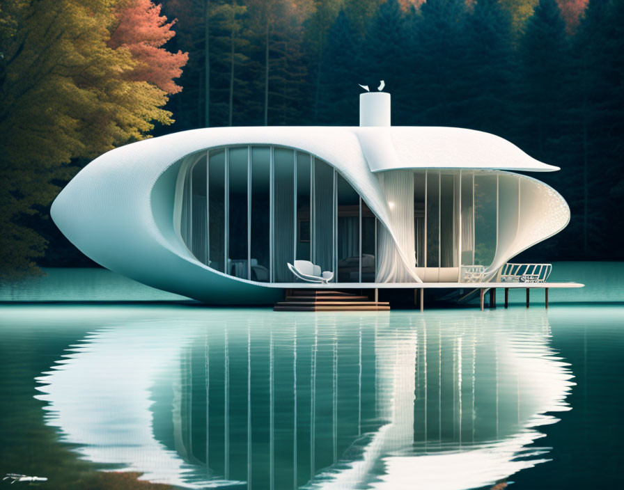 Pod-shaped House with Large Glass Windows by Tranquil Lake and Autumnal Trees