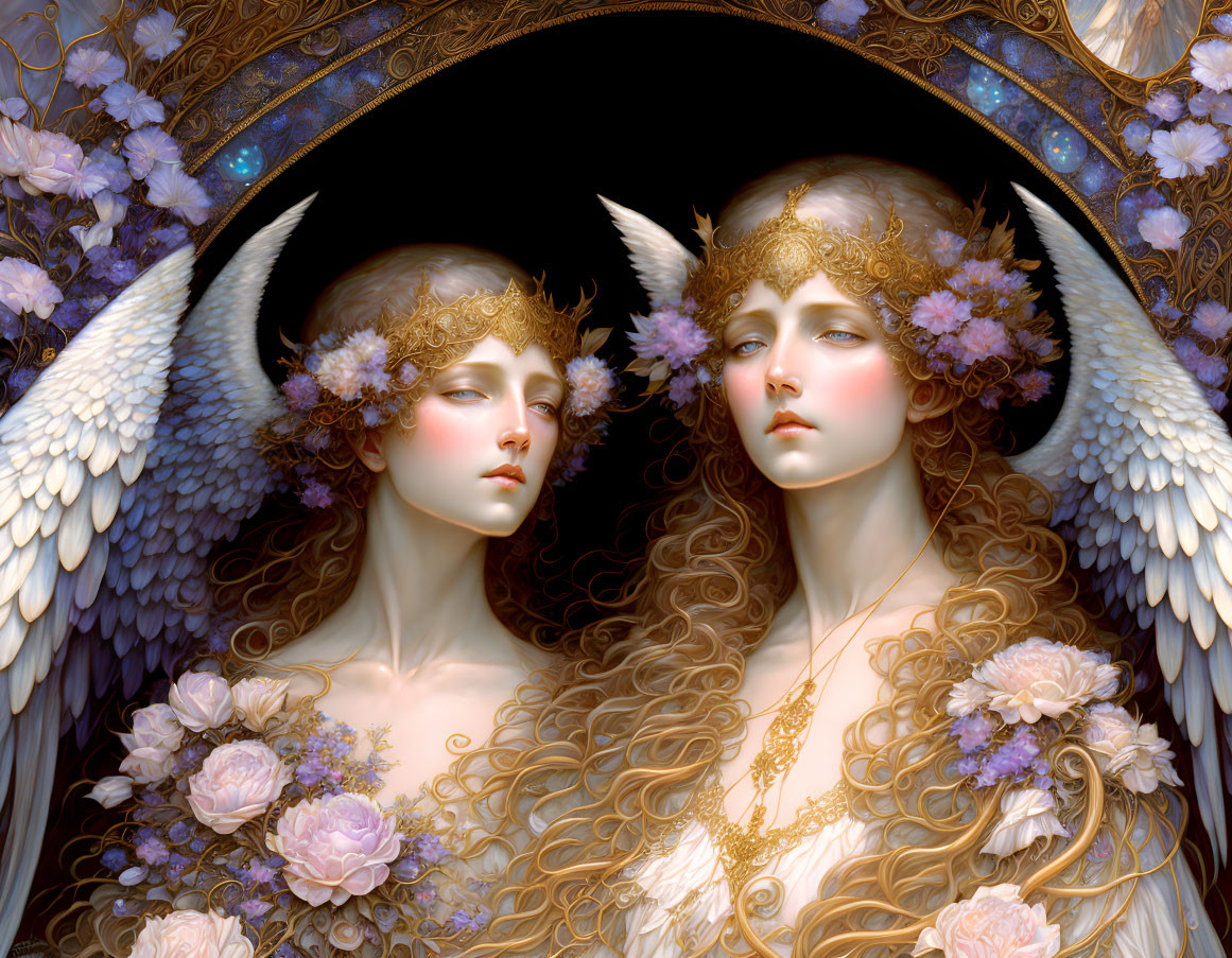 Golden headpieces and feathered wings on angelic figures in celestial setting.